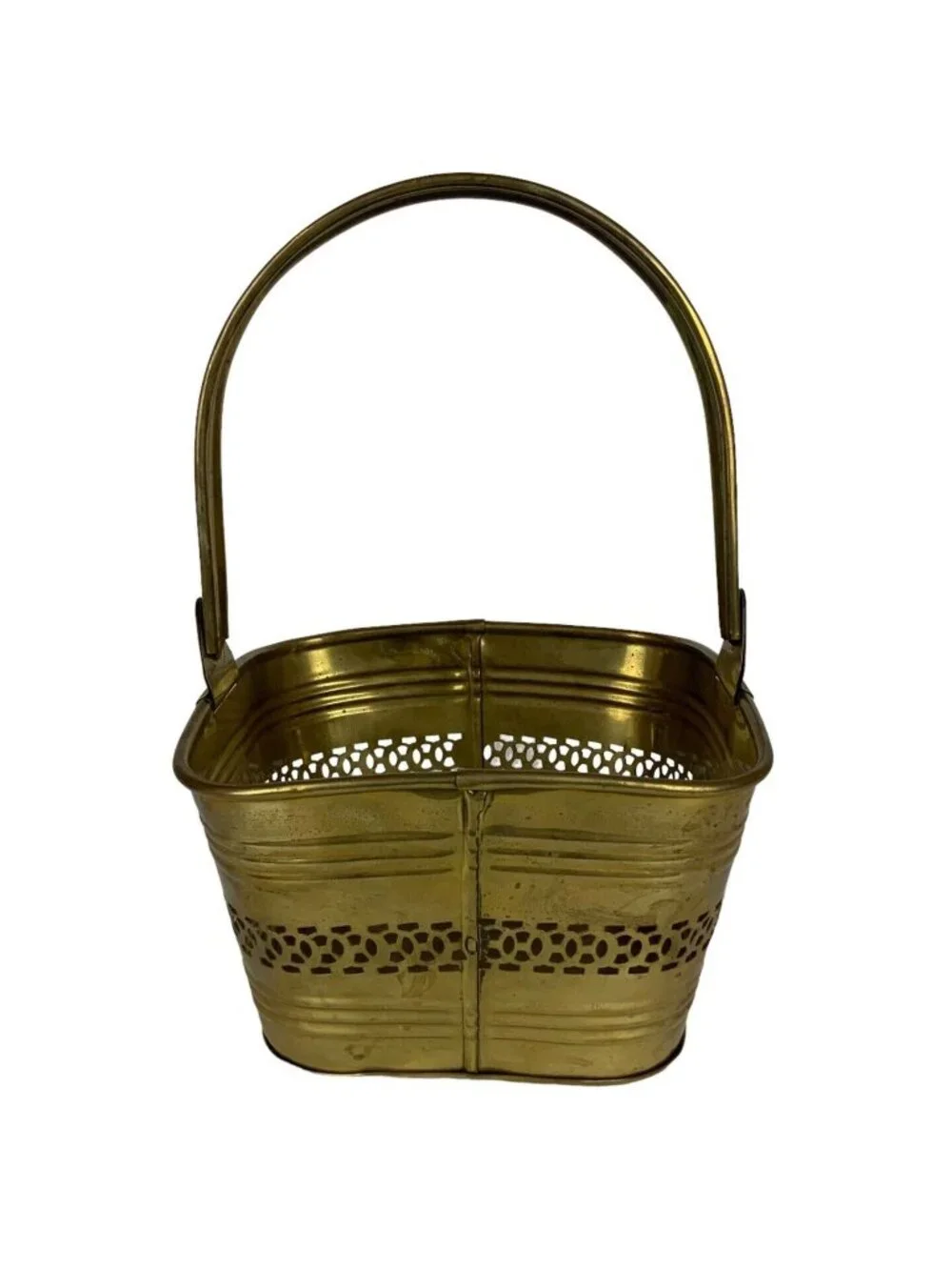 Solid Brass Square Pierced Ribbed Basket From India Decorative Container